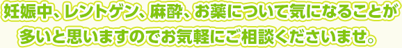 妊娠中、レントゲン、麻酔、お薬について気になることが多いと思いますのでお気軽にご相談くださいませ。